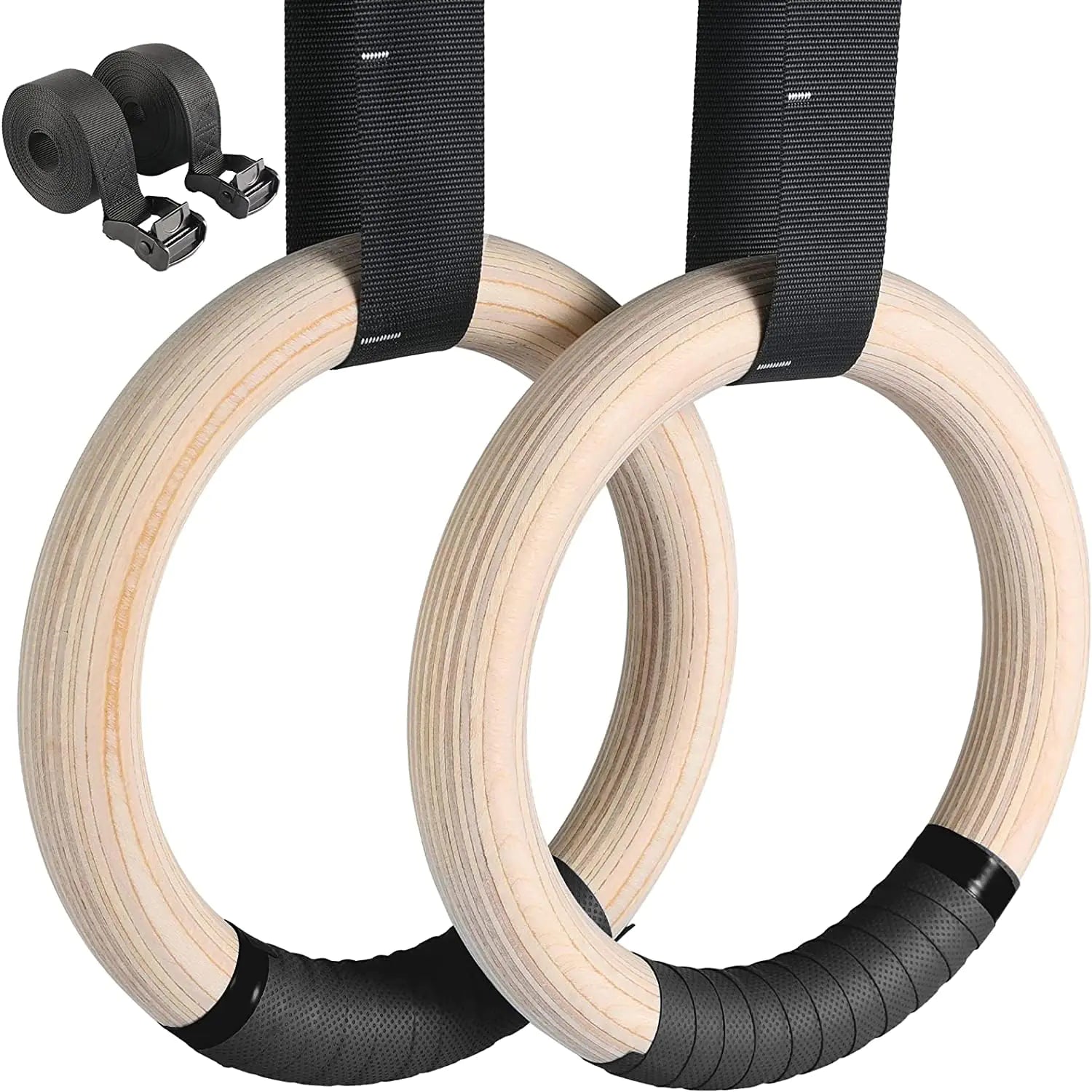 Gymnastics Rings Olympic Rings Wooden 1100lbs with Adjustable Metal Buckle 16.7ft Long